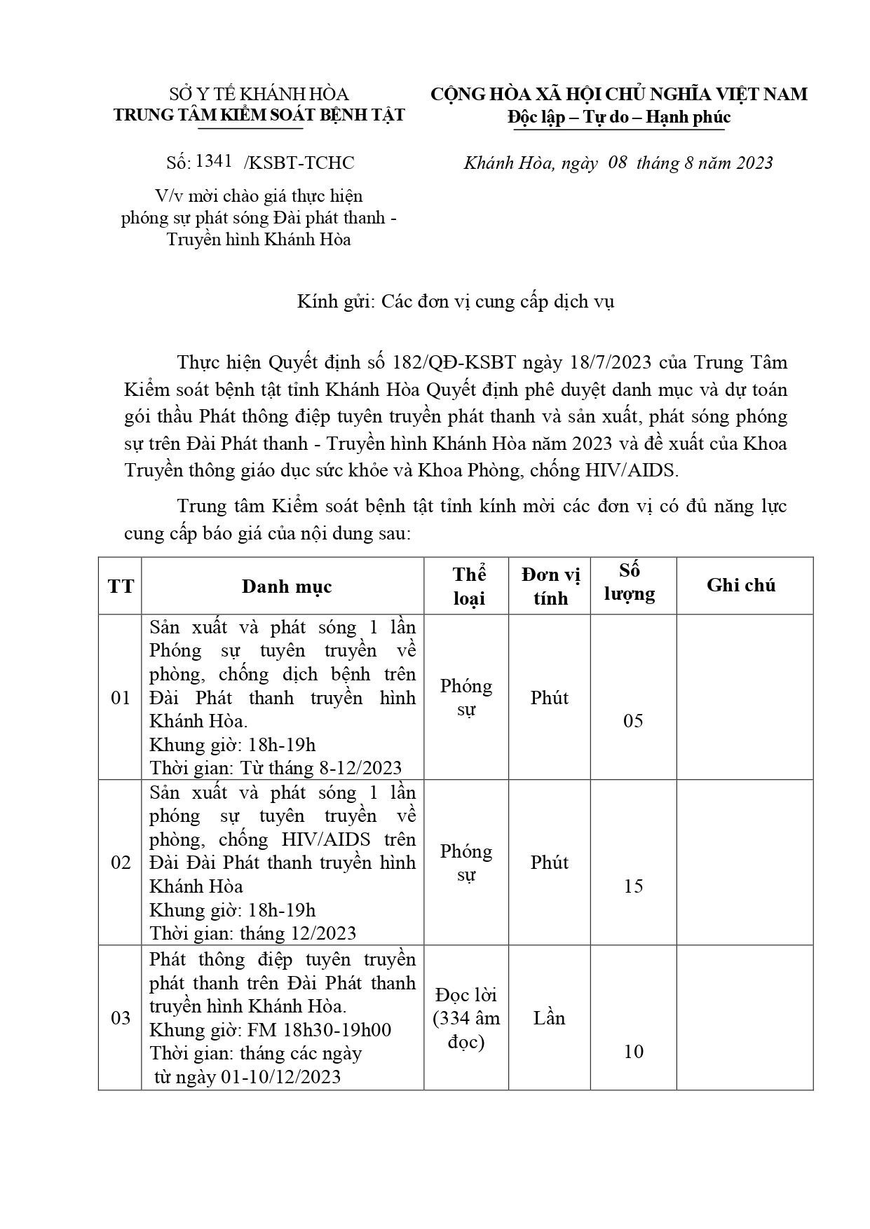 Mời chào giá thực hiện phóng sự phát sóng Đài phát thanh - Truyền hình Khánh Hòa